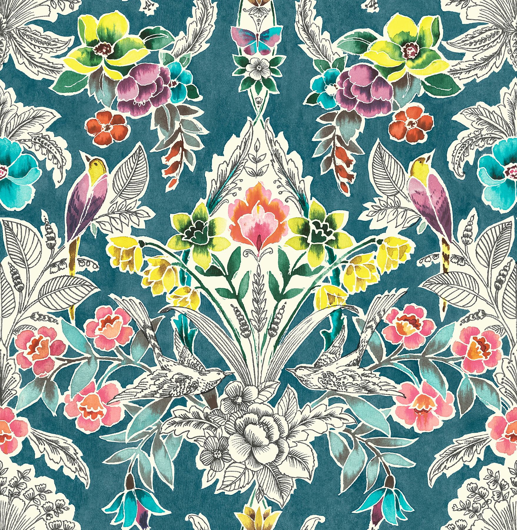 NuWallpaper Teal Summer Love Vinyl Peel And Stick Wallpaper, 216-in by 20.5-in, 30.75 sq. ft.