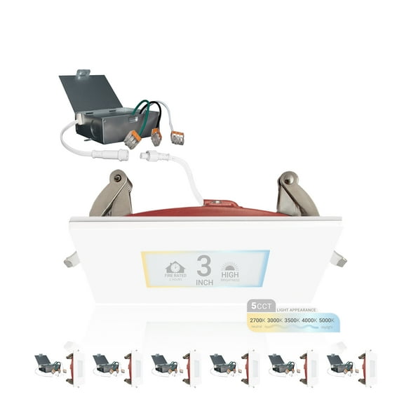 NuWatt 3 in. 2 HR Fire Rated Slim Square Canless LED Recessed Light 5CCT, Dimmable IC Rated 6PK