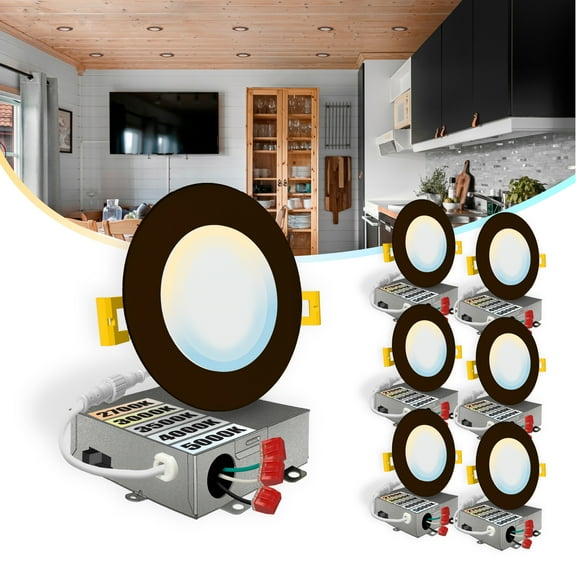 NuWatt 4'' Bronze Trim Ultra Slim 5CCT Selectable LED Canless Recessed Wafer Light 6 Pack