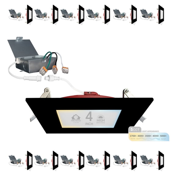 NuWatt 4 Inch 2 HR FIRE Rated LED Recessed Light, 5CCT Selectable, Dimmable,Square Black Trim 12 PK