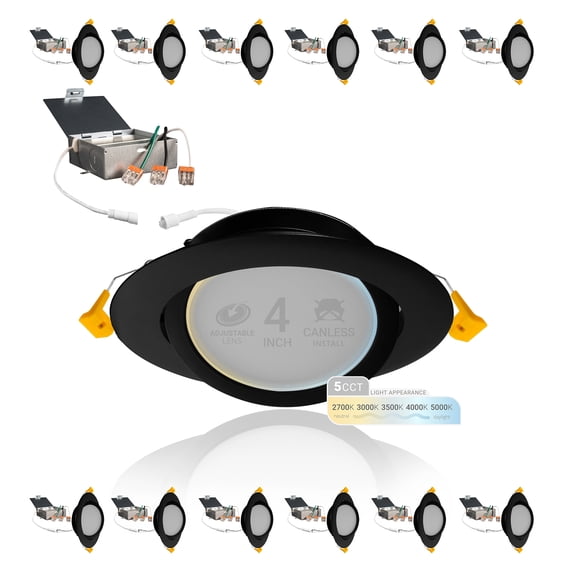 NuWatt 12 Pack, 4 Inch Black Gimbal LED Recessed Lighting, 2700K/3000K/3500K/4000K/5000K Selectable, 630LM, Dimmable, Damp Rated, Canless Adjustable Directional Lights for Sloped Ceilings, JBox