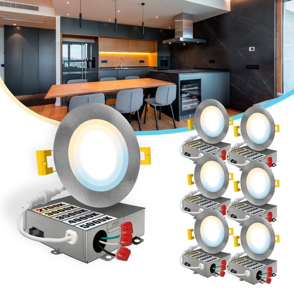 NuWatt 4'' Nickel Trim Ultra Slim 5CCT Selectable LED Canless Recessed Wafer Light 6 Pack