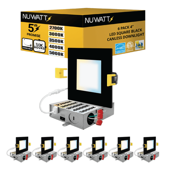 NuWatt 4 in. Slim Canless Square LED Recessed Lightt 5CCT 27K-50K Dimmable IC Rated 550LM, CRI90 6PK