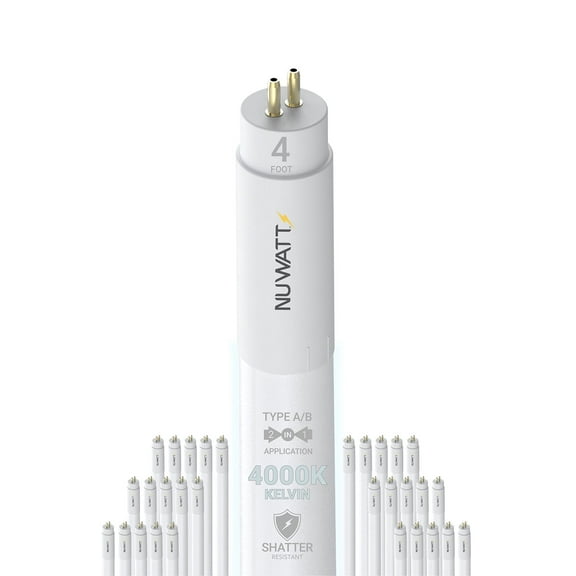 NuWatt 4FT T5 LED Tube Lights A&B Hybrid 4000K Cool White, 24W Plug & Play or Ballast Bypass,G5 30PK