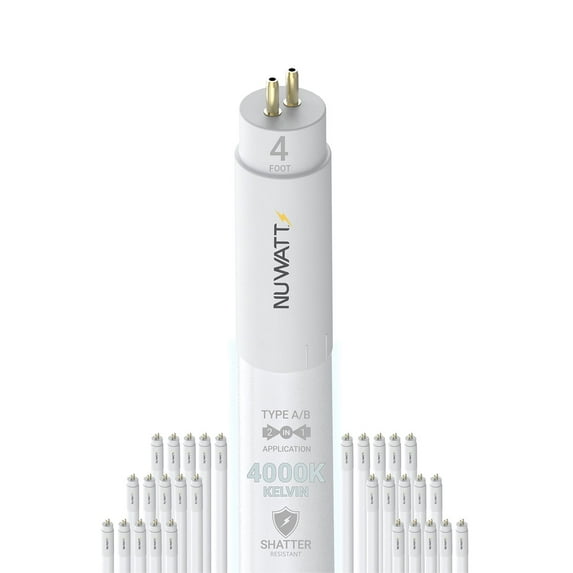 NuWatt 4FT T5 LED Tube Lights A&B Hybrid 4000K Cool White, 24W Plug & Play or Ballast Bypass,G5 30PK