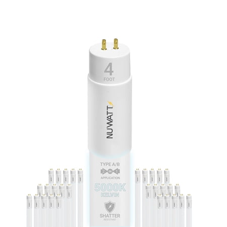 NuWatt 4FT T5 LED Tube Lights A&B Hybrid 5000K Daylight, 24W Plug & Play or Ballast Bypass,G13 30PK