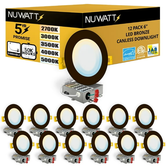 NuWatt 6'' Bronze Trim Ultra Slim 5CCT Selectable LED Canless Recessed Downlight, Dimmble 12PK