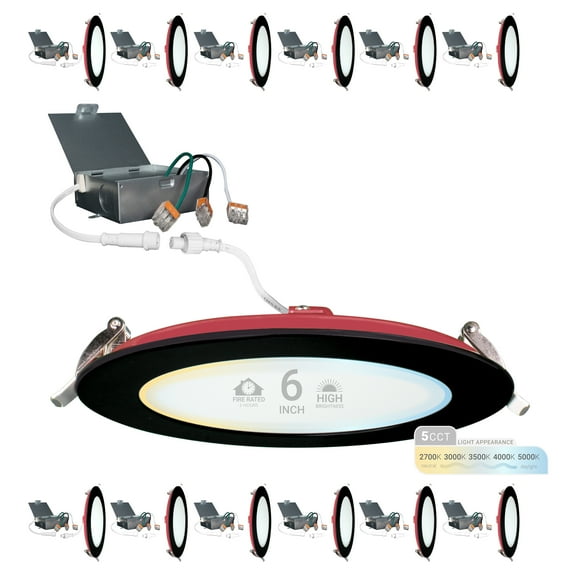 NuWatt 6 Inch 2 HR FIRE Rated LED Recessed Downlight, 5CCT Selectable, Dimmable, Black Trim 12 Pack