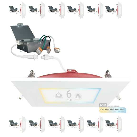 NuWatt 6 Inch 2 Hour FIRE Rated LED Recessed Light, 5CCT Selectable, Dimmable, Square Trim 12 Pack