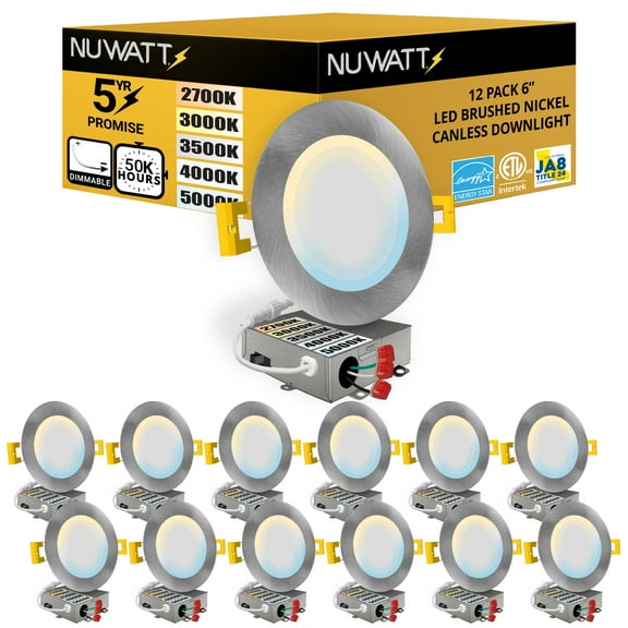 NuWatt 6'' Nickel Trim Ultra Slim 5CCT Selectable LED Canless Recessed Downlight, Dimmble 12PK