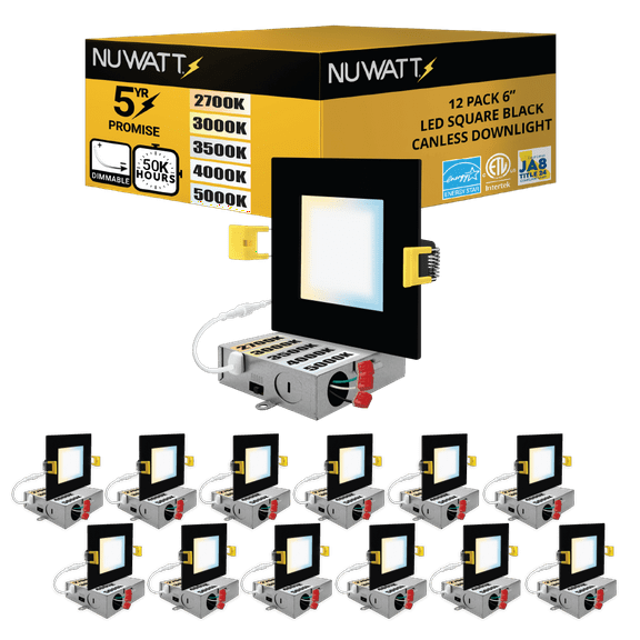 NuWatt 6'' Square Black Trim Ultra Slim 5CCT Selectable LED Canless Recessed Light 12PK
