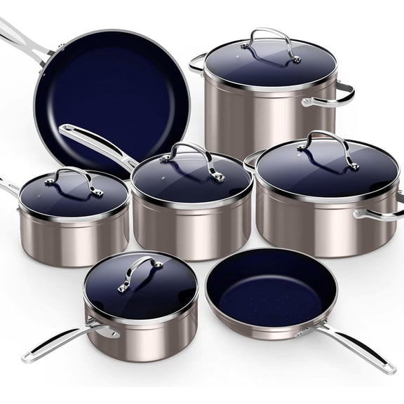 NuWave 12 Pcs Non-Stick Cookware Set for Induction Kitchen, Healthy Nonstick Coating Cookware Sets, Tempered Glass Lids and Stay-Clay