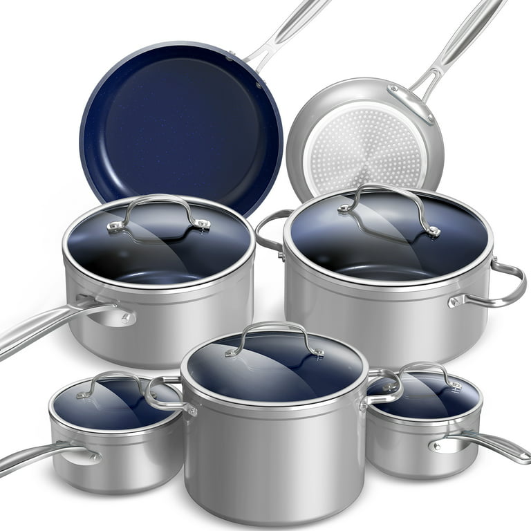 12pc Non-Stick Induction Pan Set Glass Lids Stainless Steel Kitchen  Cookware Pot