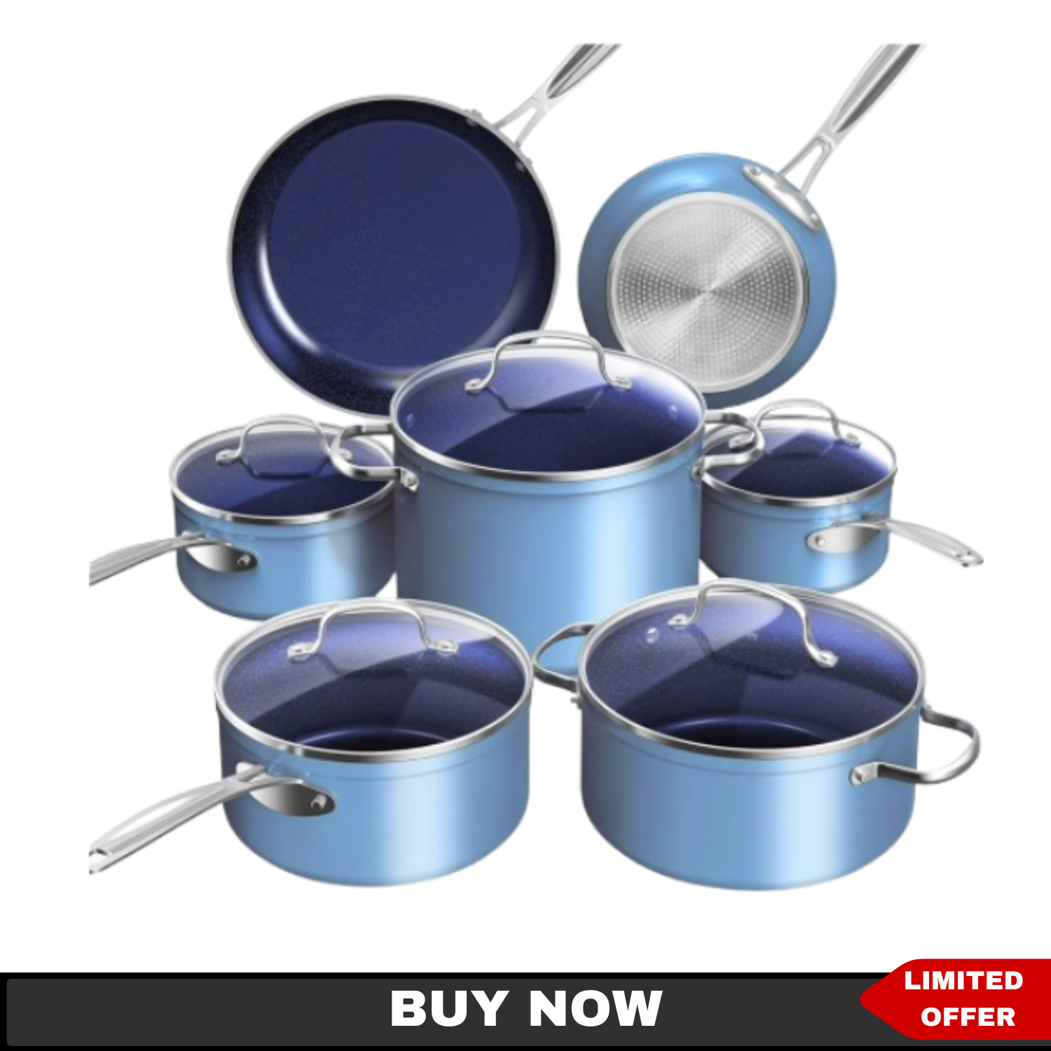 Light Blue Cookware NuWave 12-Piece Nonstick Cookware Set, Duralon Blue Ceramic Pots and ...
