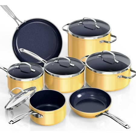 NuWave 12pcs Non-Stick Cookware Set, Healthy Duralon Blue Ceramic Nonstick Pots and Pans Set , Lightweight Cookware Set works on All Cooktops, Tempered Glass Lids & Stay-Cool Handles, Apricot