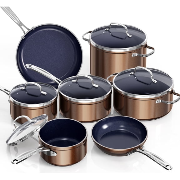 Nuwave 12pcs Non-Stick Cookware Set, Healthy Duralon Blue Ceramic Nonstick Pots and Pans Set , Lightweight Cookware Set works on All Cooktops, Tempered Glass Lids & Stay-Cool Handles, Metallic Mocha