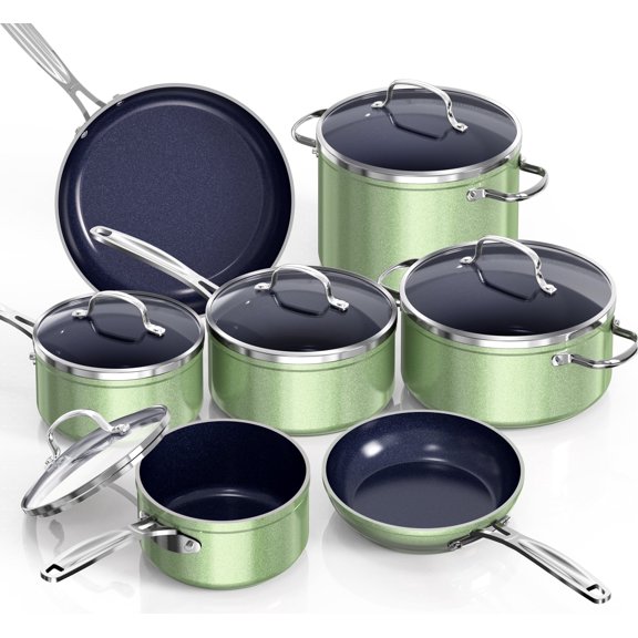 Nuwave 12pcs Non-Stick Cookware Set, Healthy Duralon Blue Ceramic Pots and Pans Set , Lightweight Cookware Set work on All Cooktops, Tempered Glass Lids & Stay-Cool Handles, Metallic Pistachio