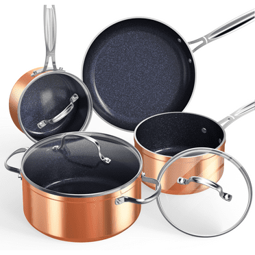 NuWave 7pc Non Stick Cookware Set, G10 Healthy Duralon Blue Glass Lid with Pots, Pans & Works on All Cooktops, Ceramic, Non-stick, Rustic Copper