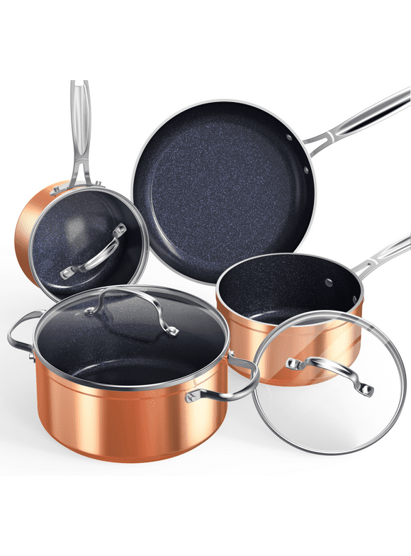 NuWave 7pc Non Stick Cookware Set, G10 Healthy Duralon Blue Glass Lid with Pots, Pans & Works on All Cooktops, Ceramic, Non-stick, Rustic Copper