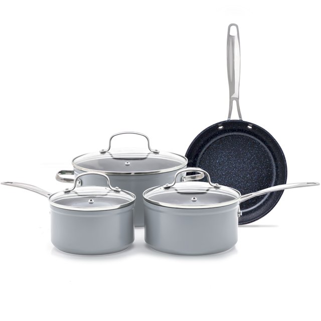 NuWave 7pc Non Stick Cookware Set, G10 Healthy Duralon Blue Glass Lid with Pots, Pans& Works on