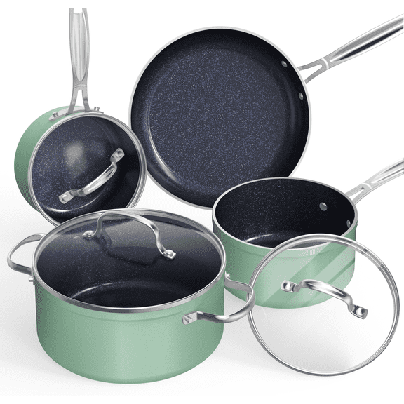 NuWave 7pc Non Stick Cookware Set, G10 Healthy Duralon Blue Glass Lid with Pots, Pans& Works on All Cooktops, Rosemary Green