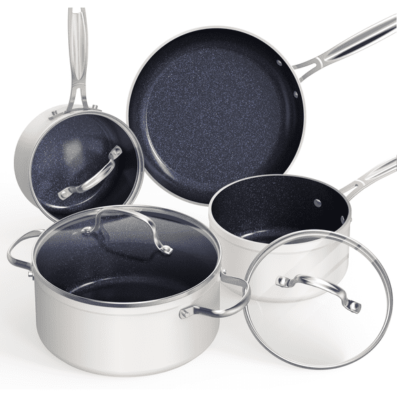 NuWave 7pc Non Stick Cookware Set, G10 Healthy Duralon Blue Glass Lid with Pots, Pans& Works on All Cooktops, Vanilla Cream