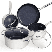 NuWave 7pc Non Stick Cookware Set, G10 Healthy Duralon Blue Glass Lid with Pots, Pans& Works on All Cooktops, Vanilla Cream