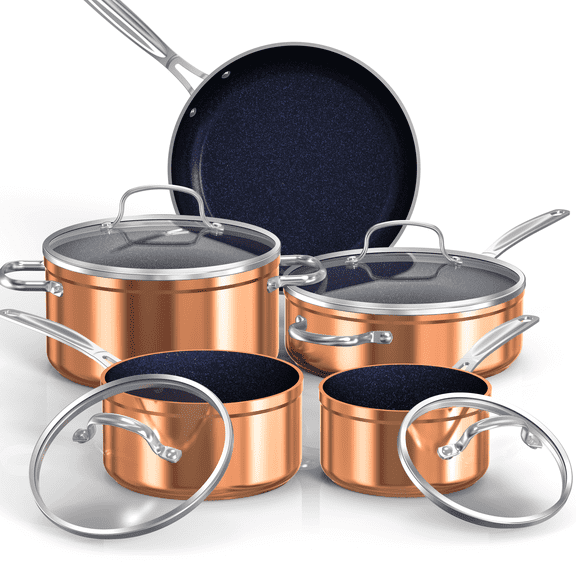 Nuwave 9PC Nonstick Cookware Set Healthy Duralon Blue Ceramic, Forged Pots and Pans Set with Tempered Glass Lids- Rustic Copper, Handles, Stick, Nuwave pots