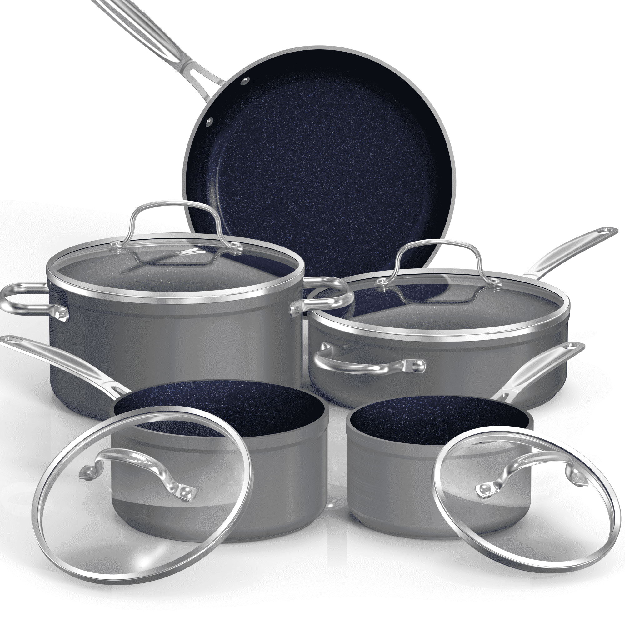 Nuwave 9PC Nonstick Cookware Set Healthy Duralon Blue Ceramic, Forged Pots and Pans Set with Tempered Glass Lids- Cool Gray