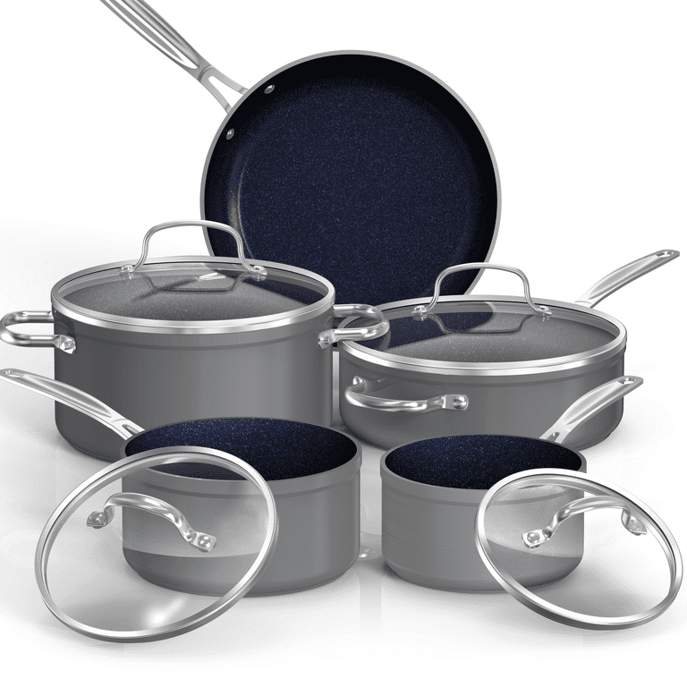 NuWave 9PC Nonstick Cookware Set Healthy Duralon Blue Ceramic, Forged Pots  and Pans Set with Tempered Glass Lids- Cool Gray