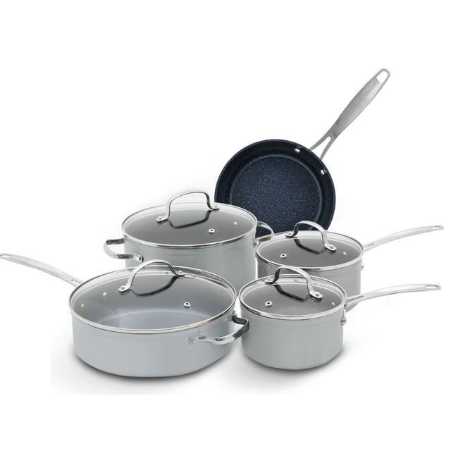 NuWave 9PC Nonstick Cookware Set Healthy Duralon Blue Ceramic, Pots and Pans Set with