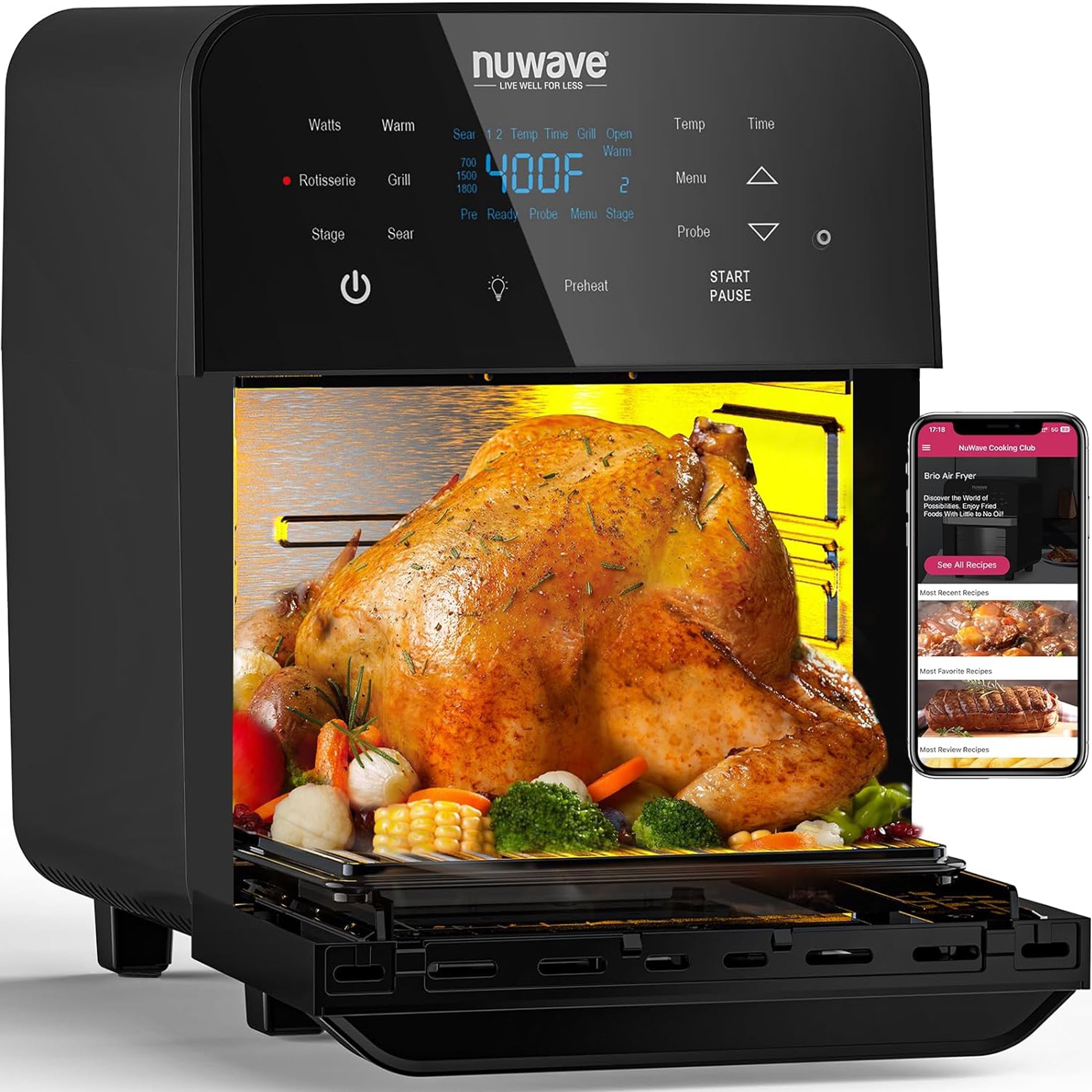NuWave 15.5Qt Brio Air Fryer Oven, 1800W, Smart Thermometer, Stainless