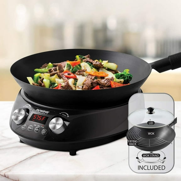 NuWave Induction Cooktop Wok, 3 Wattage 600, 900 & 1500 Induction and Precise Temp Controls 100F-575F in 5F, Black, Dirty, Lid