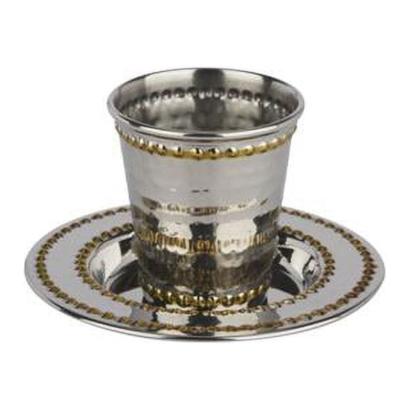 Nua 57147 2.5 in. Hammered Gold Beaded Small Stainless Steel Kiddush Cup Set