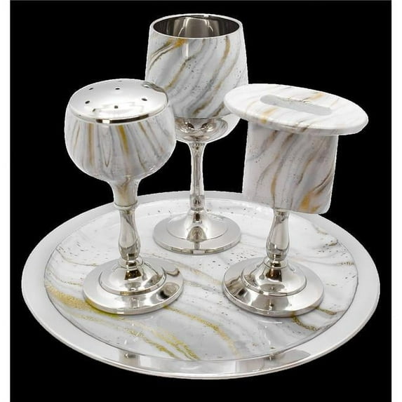 Nua 60178 Aluminum Havdalah Set, White & Gold