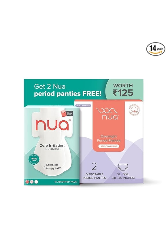 Nua Complete Comfort Sanitary Pads Combo | 12 Pads for Day (3XL+, 5XL, 4L) + Free High-Absorbency Period Panties (XL-XXL) | Zero Irritation | 4x Comfort