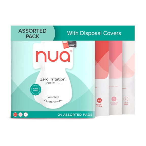Nua Complete Comfort Sanitary Pads for Sensitive Skin Pack of 24 Pads (6 Heavy Flow, 8 Medium Flow, 10 Light Flow) with Disposal covers, Zero Irritation, Comfortable All-Day Protection