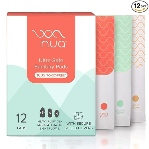 Nua Ultra-Safe 12 Sanitary Pads For Women | 3 sizes in 1: 3 Heavy Flow-XL+, 5 Medium-XL & 4 Light-L | Safe on Skin | Toxic-Free & Rash-Free | Unscented | Leakproof | With 12 Secure Shield Covers