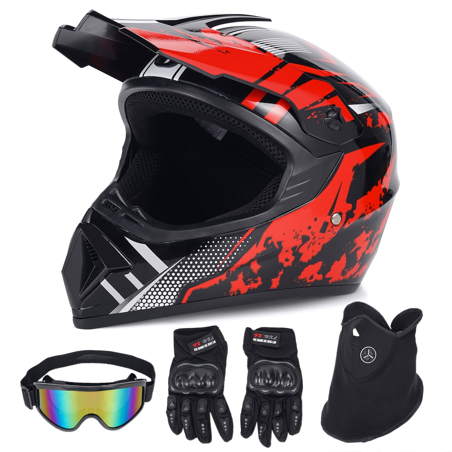 Nuao Motorcycle Helmet, Vintage Motocross Helmet with Goggles, Gloves, Mask, Sun Visor Snowmobile, ATV off Road Helmet DOT Approved, Red, XL