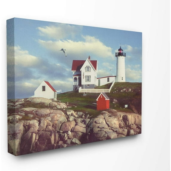 Nubble Break Water Rocks White Lighthouse with Seagull Canvas Wall Art, 11 x 14, Multi-Color