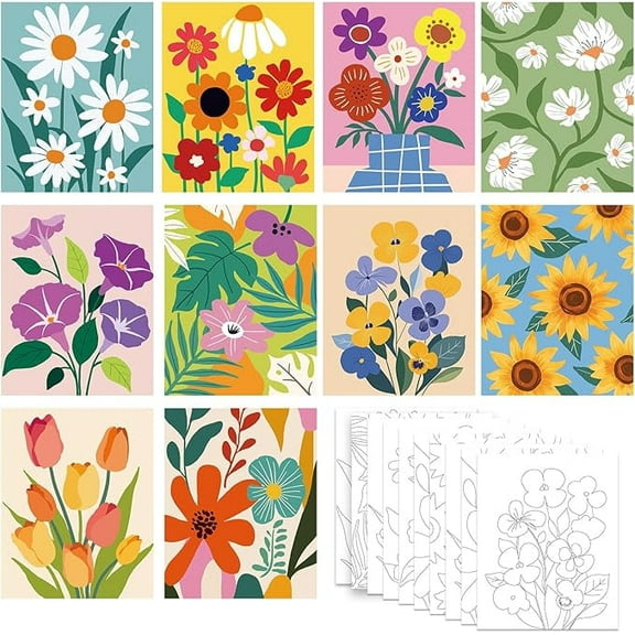 VOCHIC 8X10 Pre Drawn Canvas 10 Packs for Painting for Kids Floral Pre Printed Canvas Painting Kit Vibrant Botanical Pre Drawn Canvas to PaintGirls Night Party Supplies