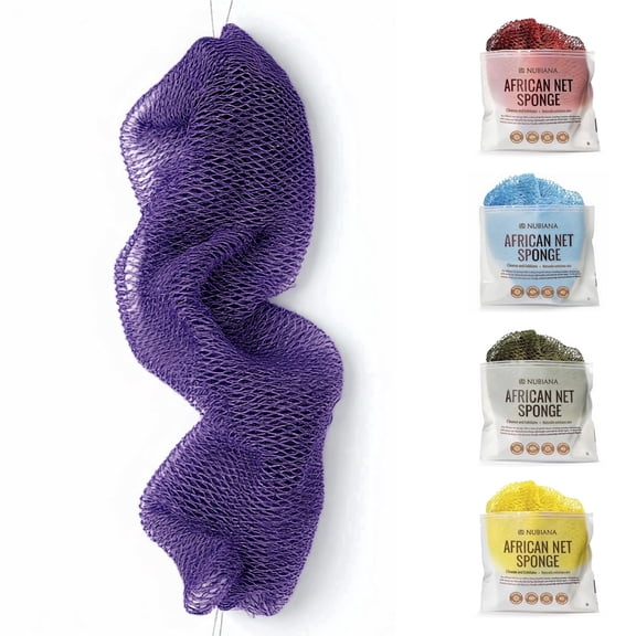 Nubiana African Net Sponge Authentic with Knots - 45 Inch Handwoven Nigerian Exfoliating Body sponges w/ Rope Handles & Vibrant Colors, Rich Lather, Quick-Drying, Reusable Spa-Style (Purple)