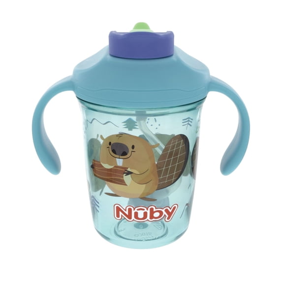 Nuby 2 Handle 8oz Multi-Function 2-in-1 Cup with Free Flow 360° Weighted Straw & Hard Spout, Beavers