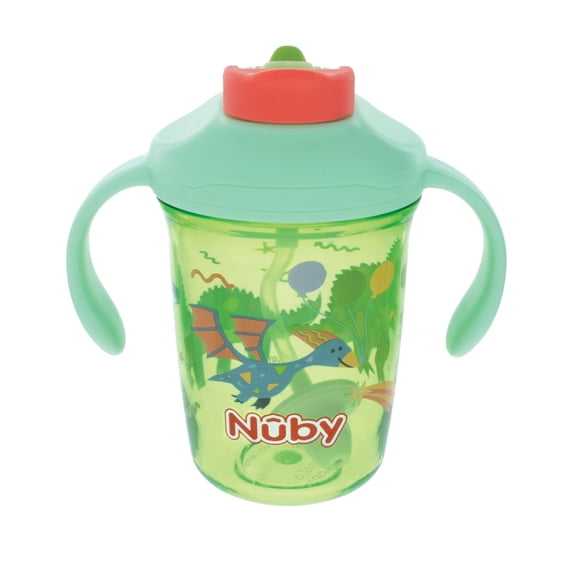 Nuby 2 Handle 8oz Multi-Function 2-in-1 Cup with Free Flow 360° Weighted Straw & Hard Spout, Dinosaurs