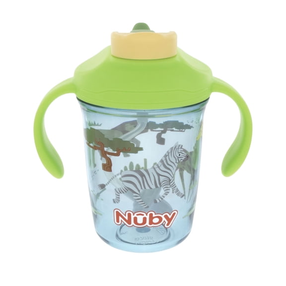 Nuby 2 Handle 8oz Multi-Function 2-in-1 Cup with Free Flow 360° Weighted Straw & Hard Spout, Safari