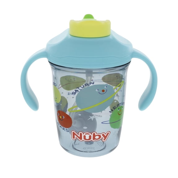 Nuby 2 Handle 8oz Multi-Function 2-in-1 Cup with Free Flow 360° Weighted Straw & Hard Spout, Solar System