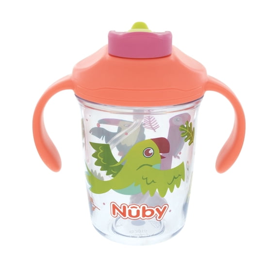 Nuby 2 Handle 8oz Multi-Function 2-in-1 Cup with Free Flow 360° Weighted Straw & Hard Spout, Tropical