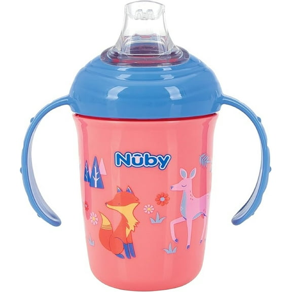 Nuby 2-Handle No-Spill Printed Trainer Cup with Soft Spout and Hygienic Cover - 8oz/ 240 ml, 4+ Months, 1 pk Pink with Woodlands Print