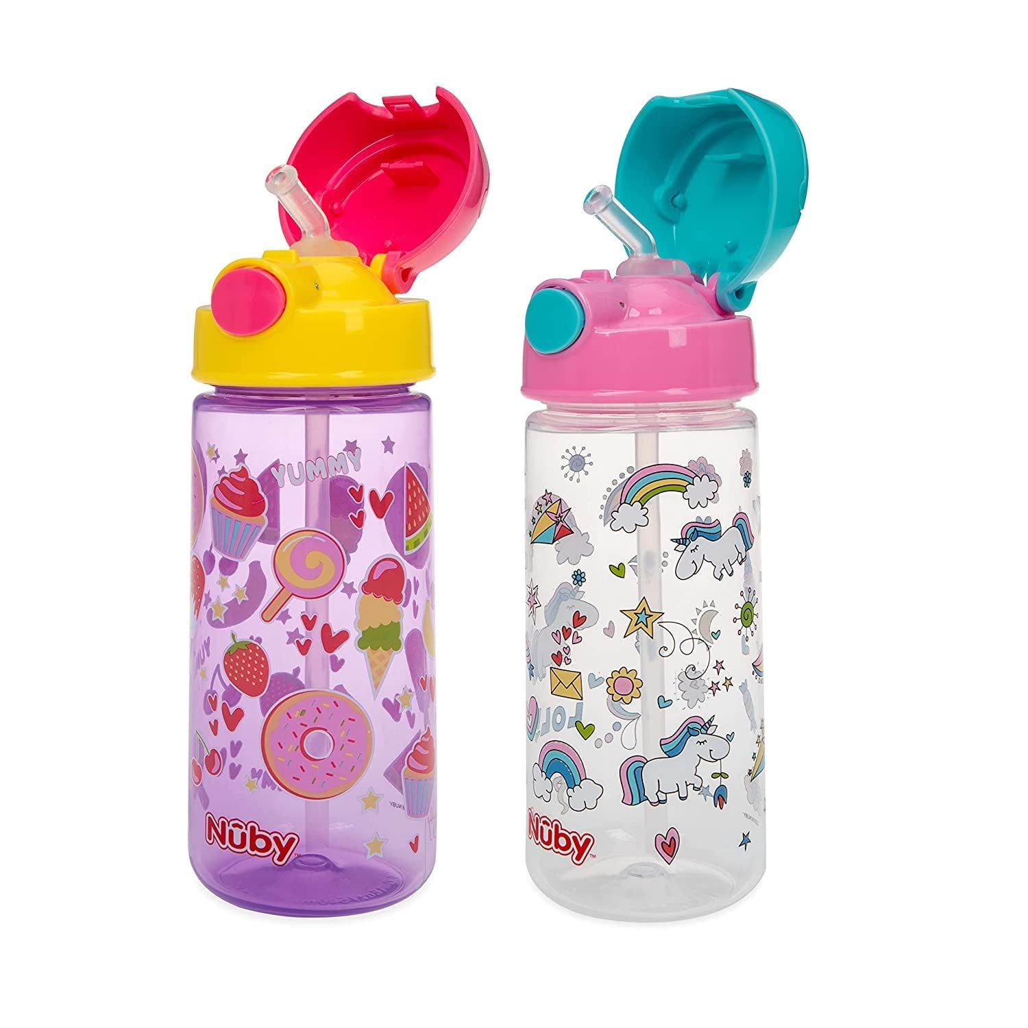 Nuby Flip-it Kids On-The-Go Printed Water Bottle with Bite Proof Hard Straw  - 12oz / 360 ml, 18+ Months, 2 pk Prints May Vary 
