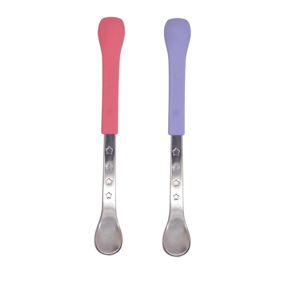 Nuby 2-in-1 Hot Safe Feeding Spoons - (2-Pack) Spoons for Babies 6+ Months - Pink and Purple C3